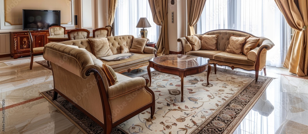 Poster elegant and spacious living room with beautiful furniture. with copy space image. place for adding t