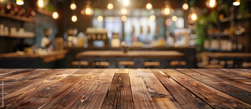 Poster Coffee shop blur background with bokeh and brown wood table image. with copy space image. Place for adding text or design