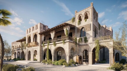 Naklejka premium Historical desert palace with intricate designs, arches, towers, warm sandstone colors, surrounded by palm trees, blue sky with scattered clouds, evokes a sense of grandeur and antiquity. 