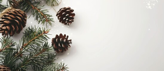 Christmas spruce branches with cones and festive decorations. Celebration of New year and Christmas at home. Holiday decorations and backgrounds from natural and artificial materials