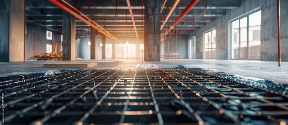 Poster Black underfloor heating posed in a under construction building. with copy space image. Place for adding text or design