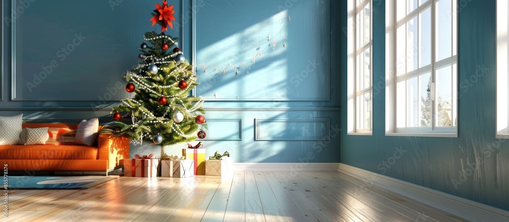 Poster christmas living room with christmas tree and gifts under it. with copy space image. place for addin