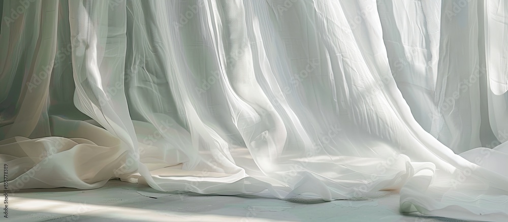 Poster Closeup bottom of white fabric curtain, the glass door is behind, with the shadow and the sunlight coming through to the room . with copy space image. Place for adding text or design