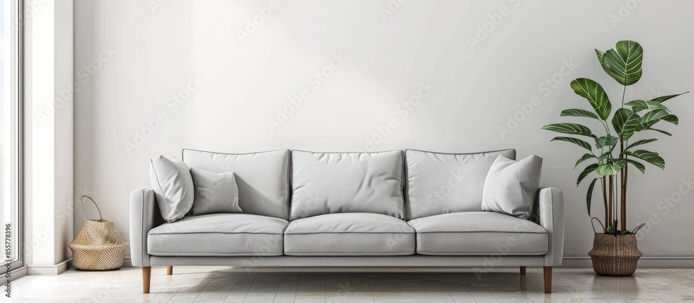 Poster Comfortable sofa with cushions placed against light wall with decorations in modern living room. with copy space image. Place for adding text or design