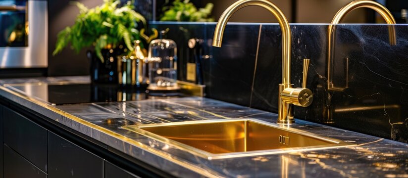 Luxurious interior square golden brass sink and faucet double tap mixer in contemporary modern design with stone marble stoneware countertop black and gold kitchen with sandwatch and glass pot