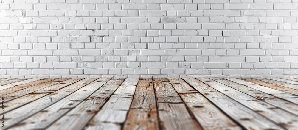Poster white brick wall background with perspective light wood, slightly blurry wood foreground. with copy 