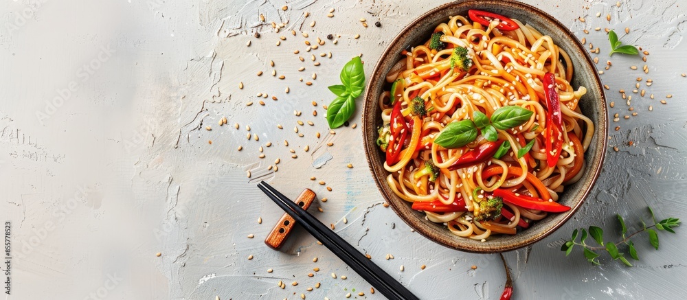 Aufkleber bowl of tasty rice noodles with vegetables and sesame seeds on pastel background. with copy space im