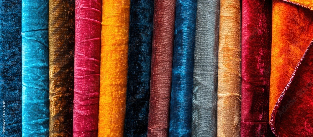 Poster colorful patterns of upholstery fabric. close-up of samples of furniture fabric. multicolored soft v