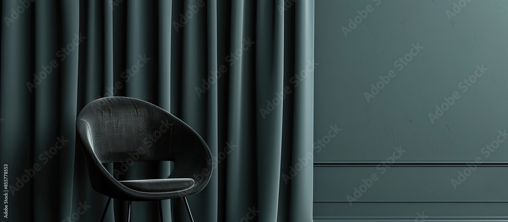 Poster stylish black chair on grey curtains background. with copy space image. place for adding text or des