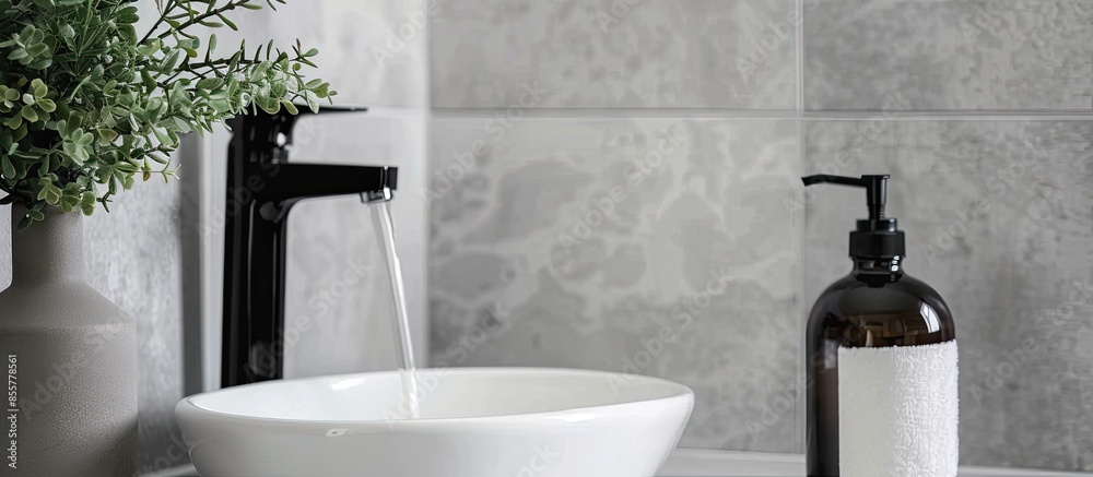 Poster White sink tap and liquid soap in the bathroom. with copy space image. Place for adding text or design