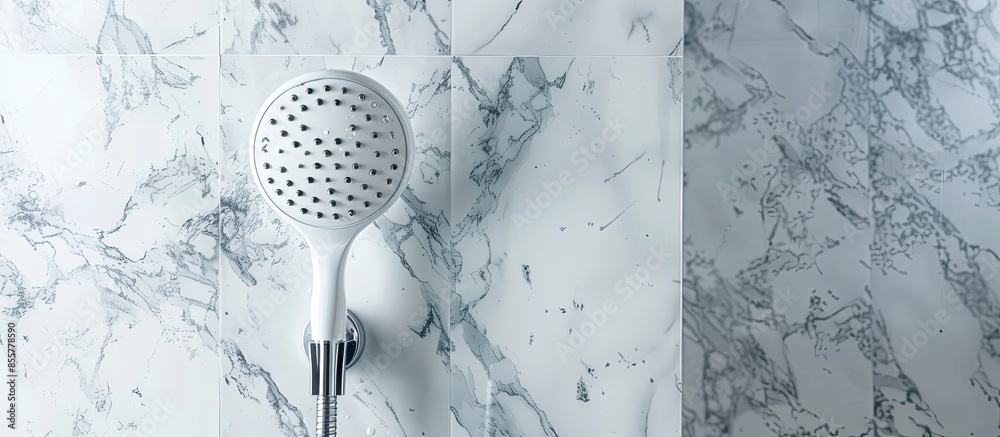 Poster shower head and hose in the bathroom for spraying water fixed on the marble wall. vertical orientati