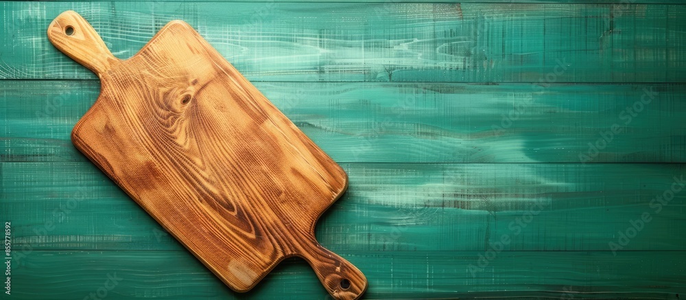 Poster cutting board close up on wooden table on green background. with copy space image. place for adding 