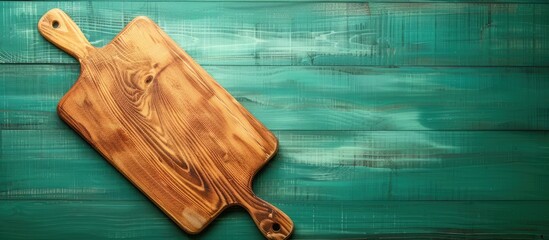 cutting board close up on wooden table on green background. with copy space image. Place for adding text or design