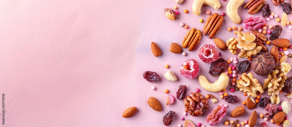 Leinwandbilder High angle view of candied nuts and dried fruits on a pastel background. with copy space image. Place for adding text or design