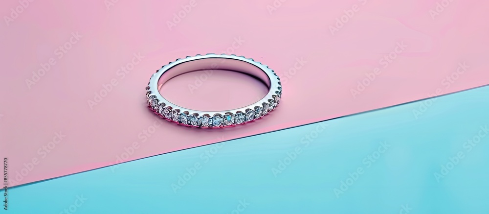 Poster Casual style white gold ring with diamonds Isolated on pastel background. Silver wedding ring band with gemstones. with copy space image. Place for adding text or design