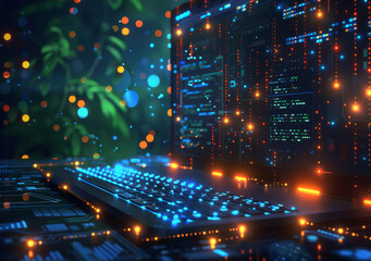 Minimalistic Illustration of Modern Web Development Concept with Glowing Code and Computer at Night, Digital Programming, Coding, Futuristic Technical Design for Technology and Business Use