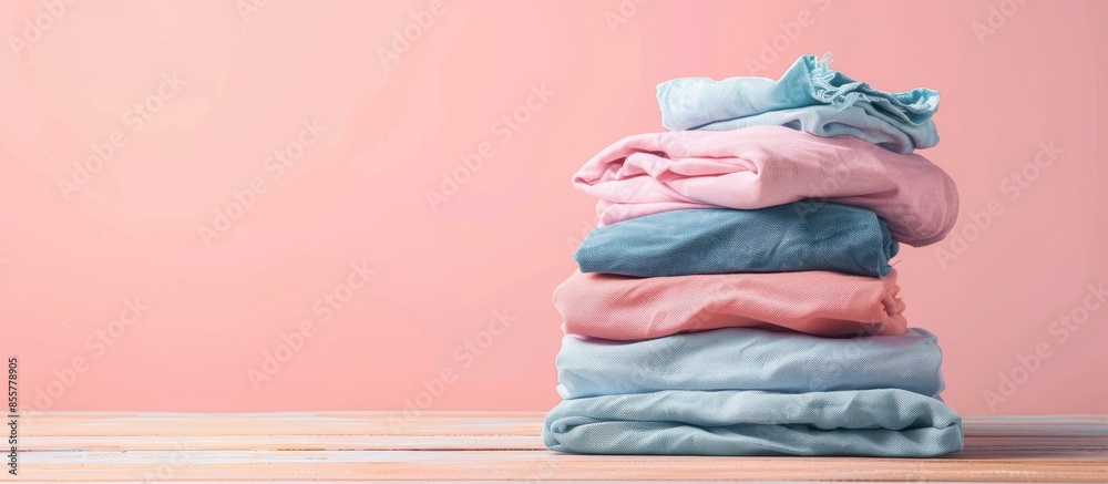 Poster bunch heap of clothes textile on the shelf, housework concept pastel background. with copy space image. Place for adding text or design