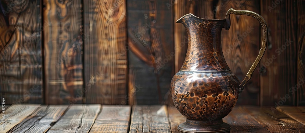 Poster Antique copper pitcher/jug resting on wooden table with traditional rustic setting as background. with copy space image. Place for adding text or design