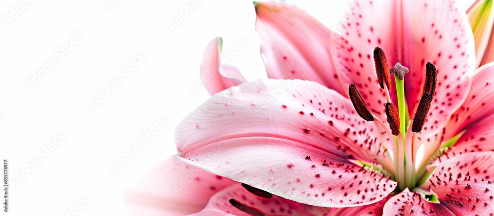 Poster close up photo of a beautiful pink lily. isolated on white background. with copy space image. place 