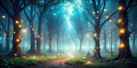 Gloomy fantasy forest scene at night with glowing lights, fantasy, forest, night, dark, eerie, mystical, mysterious, creepy