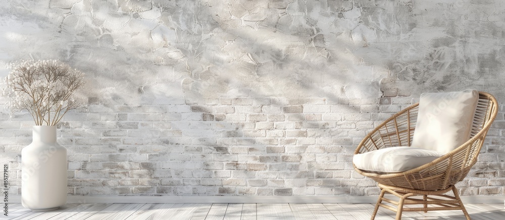 Aufkleber natural brick wallpaper with modern wicker chair and vase of flowers. with copy space image. place f
