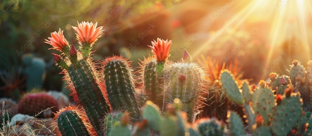 Leinwandbilder cactus, a variety of varieties of cactus, cactus in the rays of the sun. with copy space image. plac
