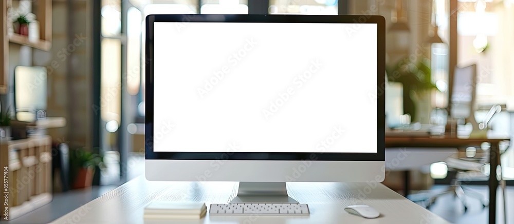 Fototapete destop computer screen on white desk,working space,working background ,interior of woking room. with