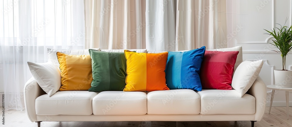 Poster large white sofa with colorful cushions in a spacious living room interior with curtain and white wa
