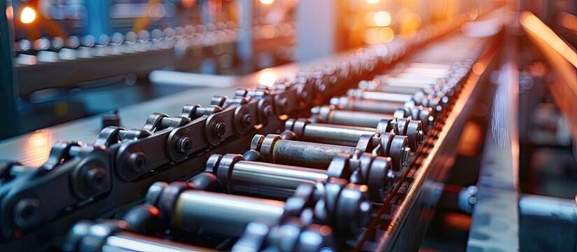 Gear chain drive shaft in conveyor belt is on production line. Timing chain of car, tensioners in engine. Industrial roller chain, technology. Team work, business industrial concept