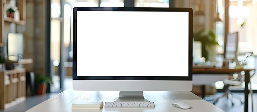 Destop computer screen on white desk,working space,working background ,interior of woking room. with copy space image. Place for adding text or design