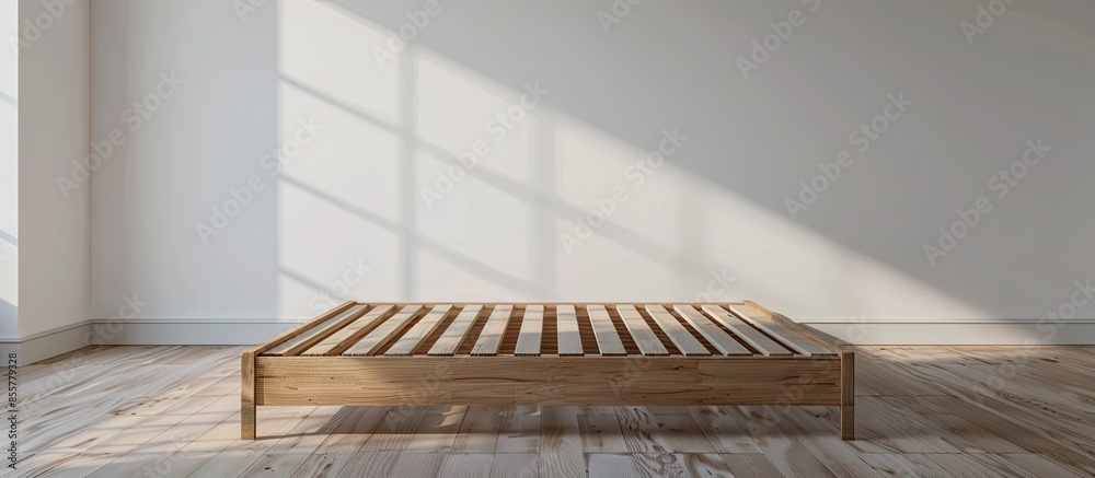 Wall mural frame of a simple lacquered bed made of wood with slats. with copy space image. Place for adding text or design