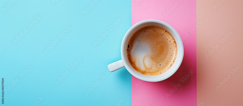 Leinwandbilder black coffee with milk flatlay view on pastel background. with copy space image. place for adding te