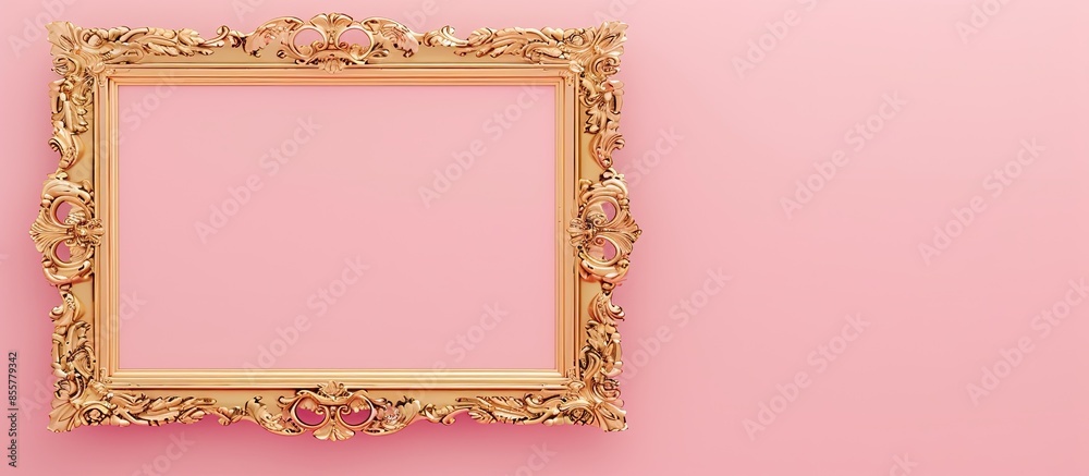 Poster Blank golden ornamented picture frame pastel background. with copy space image. Place for adding text or design