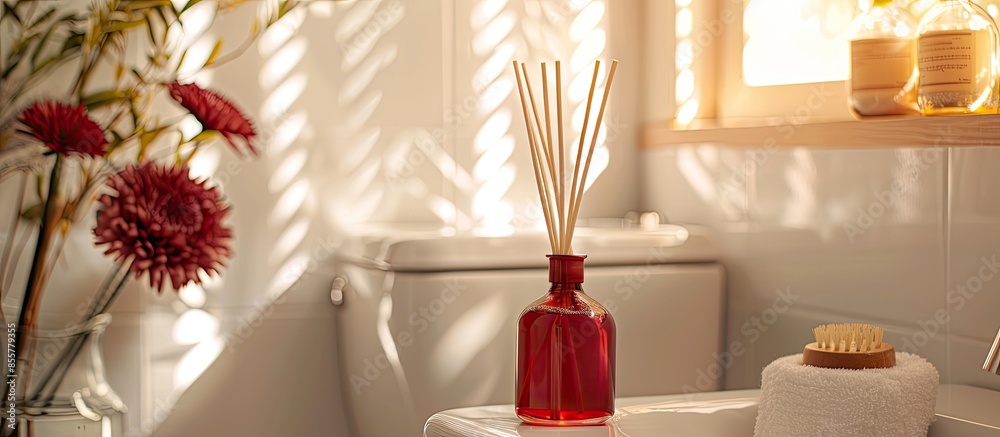 Poster nice aroma reed diffuser stick glass bottle with red color oil is displayed and decorated in the whi