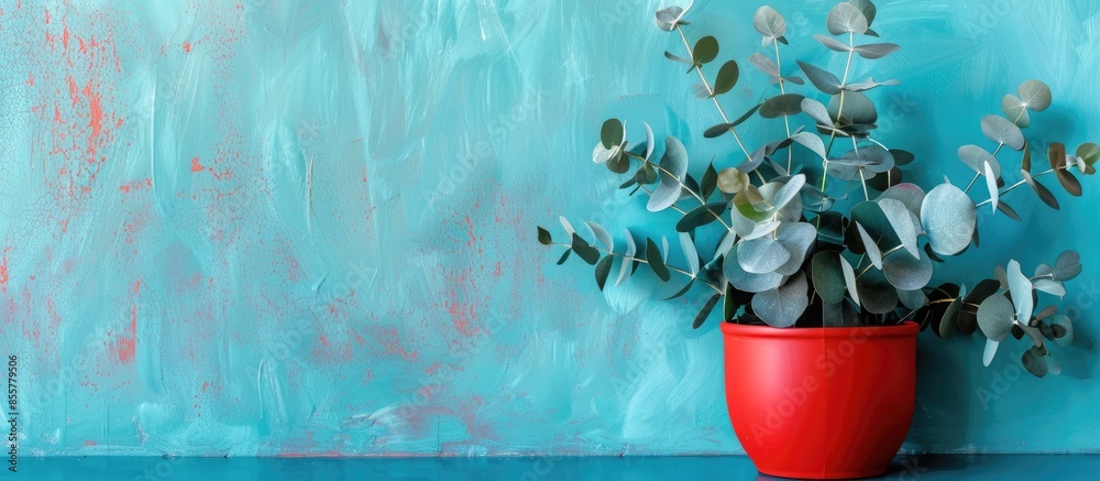 Poster eucalyptus leaves in a red pot on a blue background. with copy space image. Place for adding text or design
