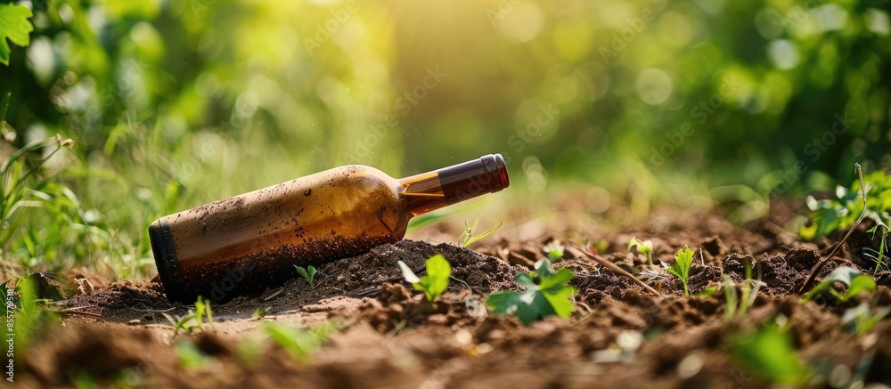 Poster the bottle is buried in the ground pastel background. with copy space image. Place for adding text or design