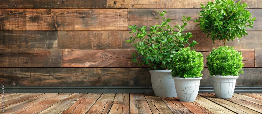 Fototapete Artificial trees, green shrubs in small white pots placed on the old brown wooden floors. with copy space image. Place for adding text or design