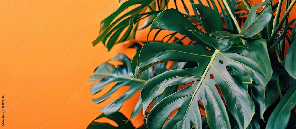 Poster Close-up Beautiful leaves of Monstera on orange the background. Monstera in a modern interior. Minimalism concept. Background for the site. with copy space image. Place for adding text or design