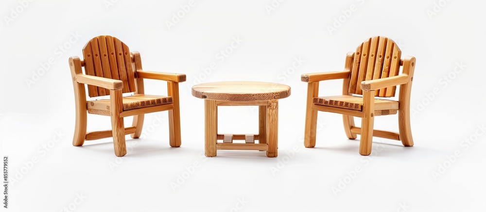 Poster Toy wooden armchairs and table on white background. with copy space image. Place for adding text or design