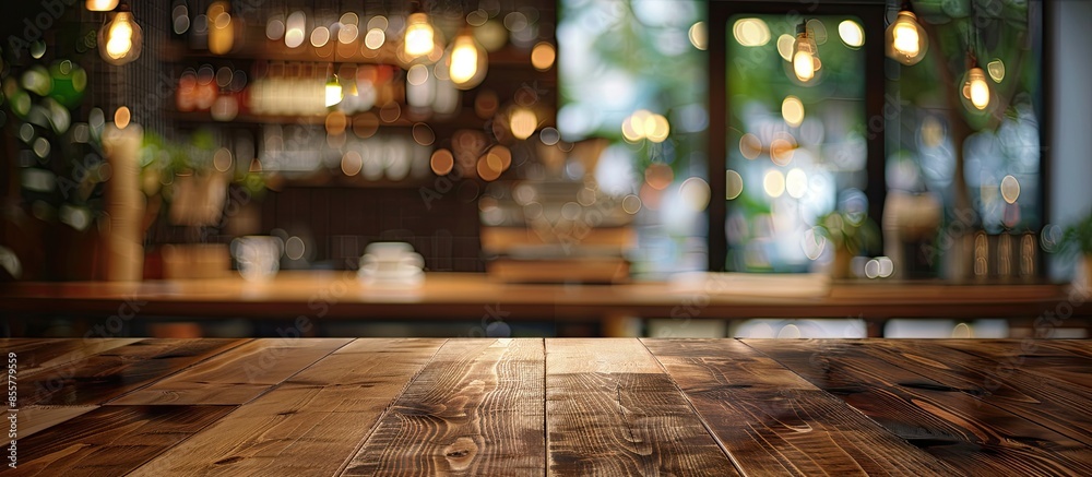 Poster Coffee shop blur background with bokeh and brown wood table image. with copy space image. Place for adding text or design