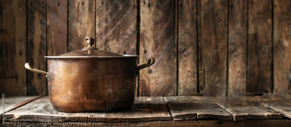 Poster cooking pot on old wooden table. copy space image. place for adding text or design