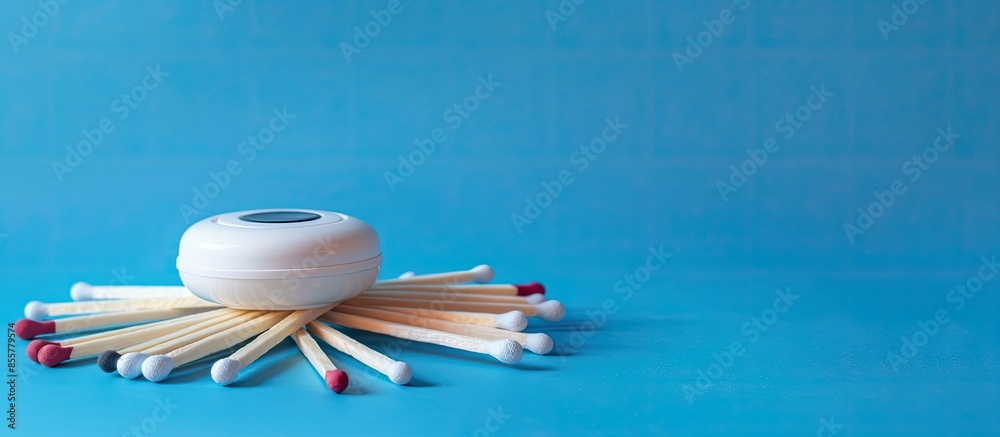 Poster A pile of matches and a fire detector on a blue background. Fire safety concept. with copy space image. Place for adding text or design