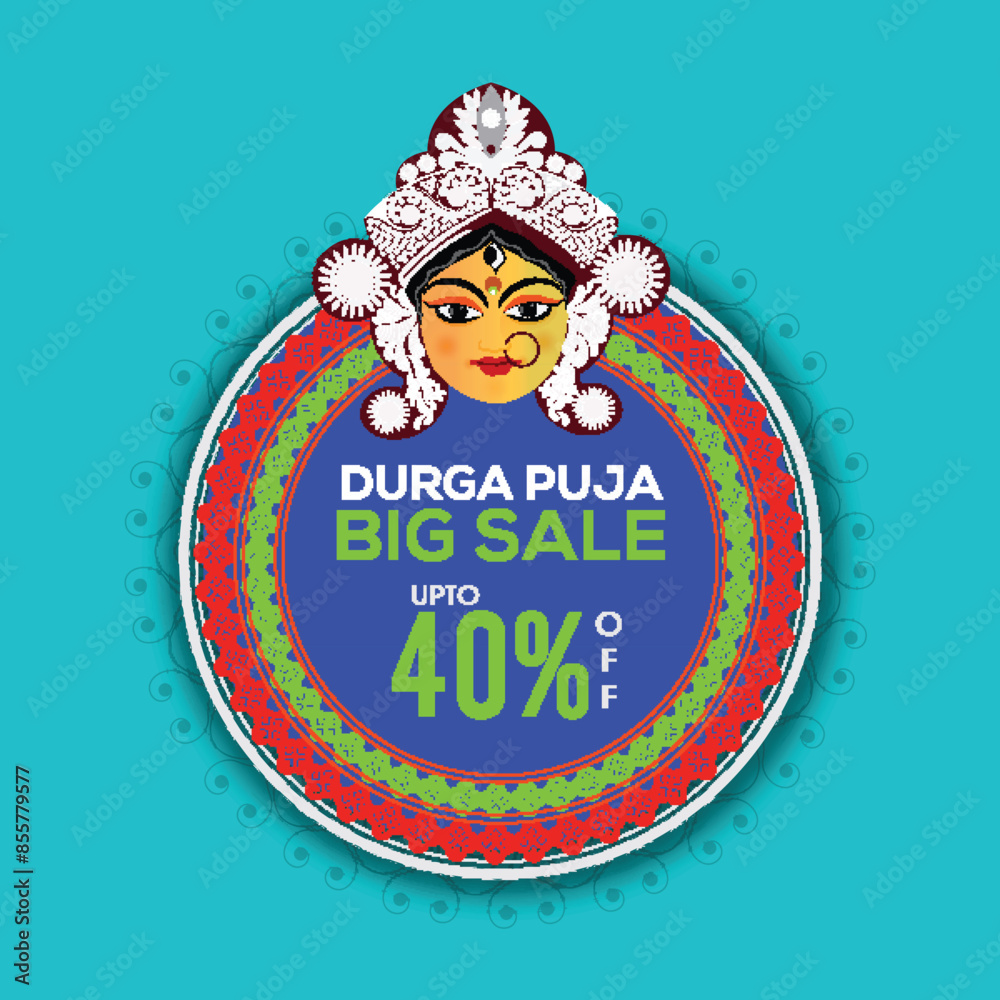 Wall mural durga puja big sale poster design with goddess durga face on turquoise background.