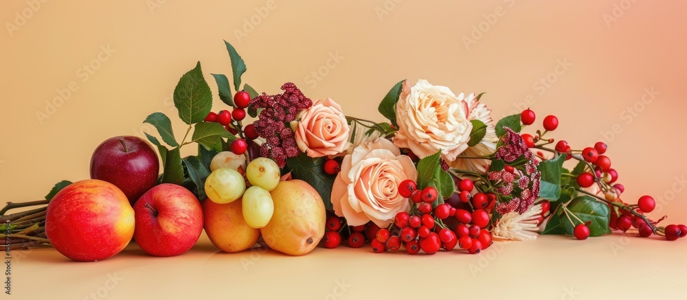 Poster Still life with asters and roses bunch with fruits Isolated on pastel background. with copy space image. Place for adding text or design