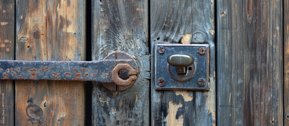 Poster brushed metal lock and handle on a wooden house door outside. with copy space image. place for addin