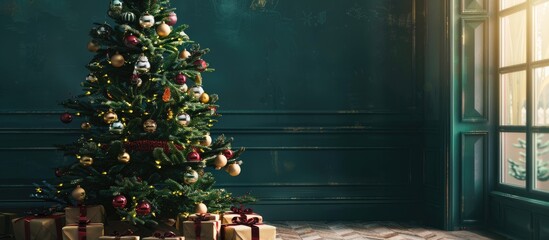 Christmas tree decorated for holiday season ready for Santa Claus visit. with copy space image. Place for adding text or design