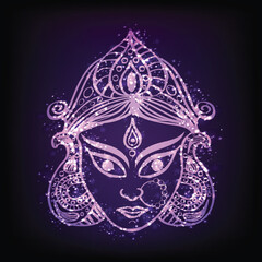 Creative Goddess Durga Face with Lights Effect on Dark Background.