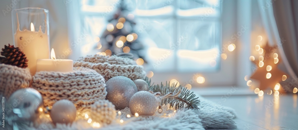 Poster cozy and frost winter day: christmas decoration in children room. with copy space image. place for a