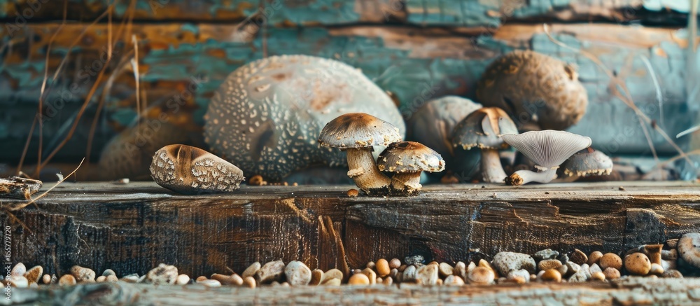 Poster Old wooden sink with mushrooms and river gravels. with copy space image. Place for adding text or design