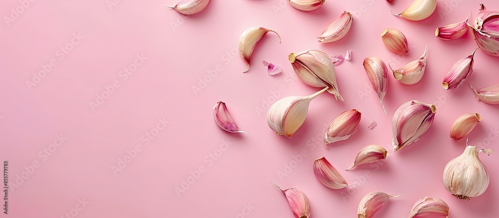 Poster garlic cloves background photo, allium sativum pastel background. with copy space image. place for a